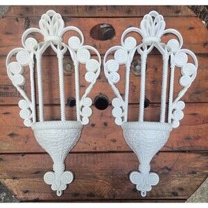 Pair Burwood White Faux Wicker Basket Wall Pocket Planters Vintage 1970s